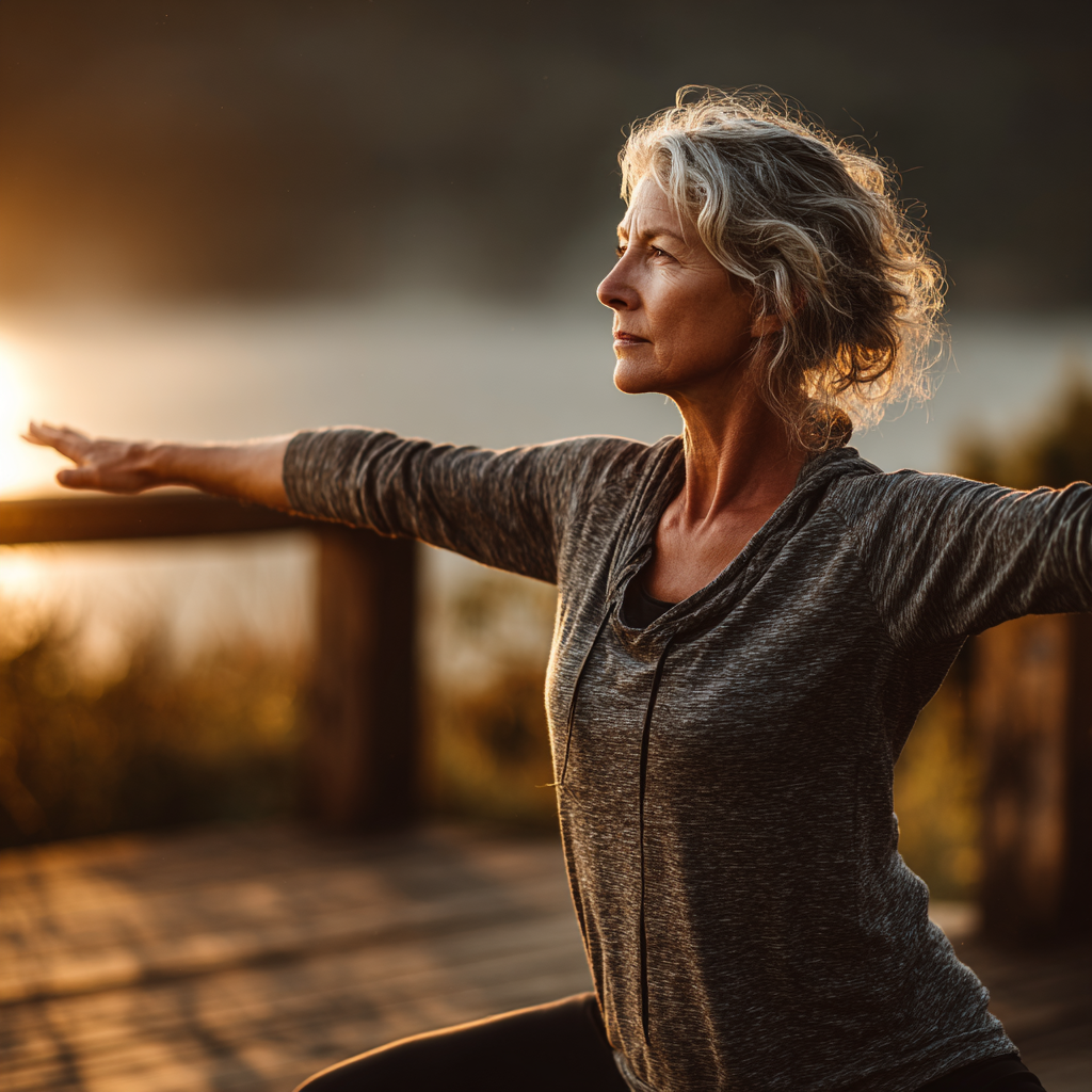 Mature woman in her early 50s in warrior yoga pose on wooden deck, demonstrating strength and balance with arms extended, natural outdoor setting with soft morning light