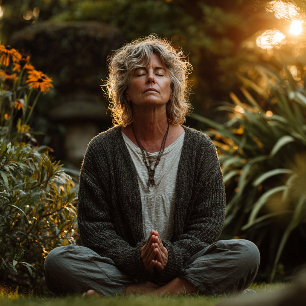 Peaceful middle-aged woman in her late 40s practicing yoga meditation pose outdoors in nature, sitting cross-legged with eyes closed and hands in prayer position, surrounded by green plants and soft natural lighting