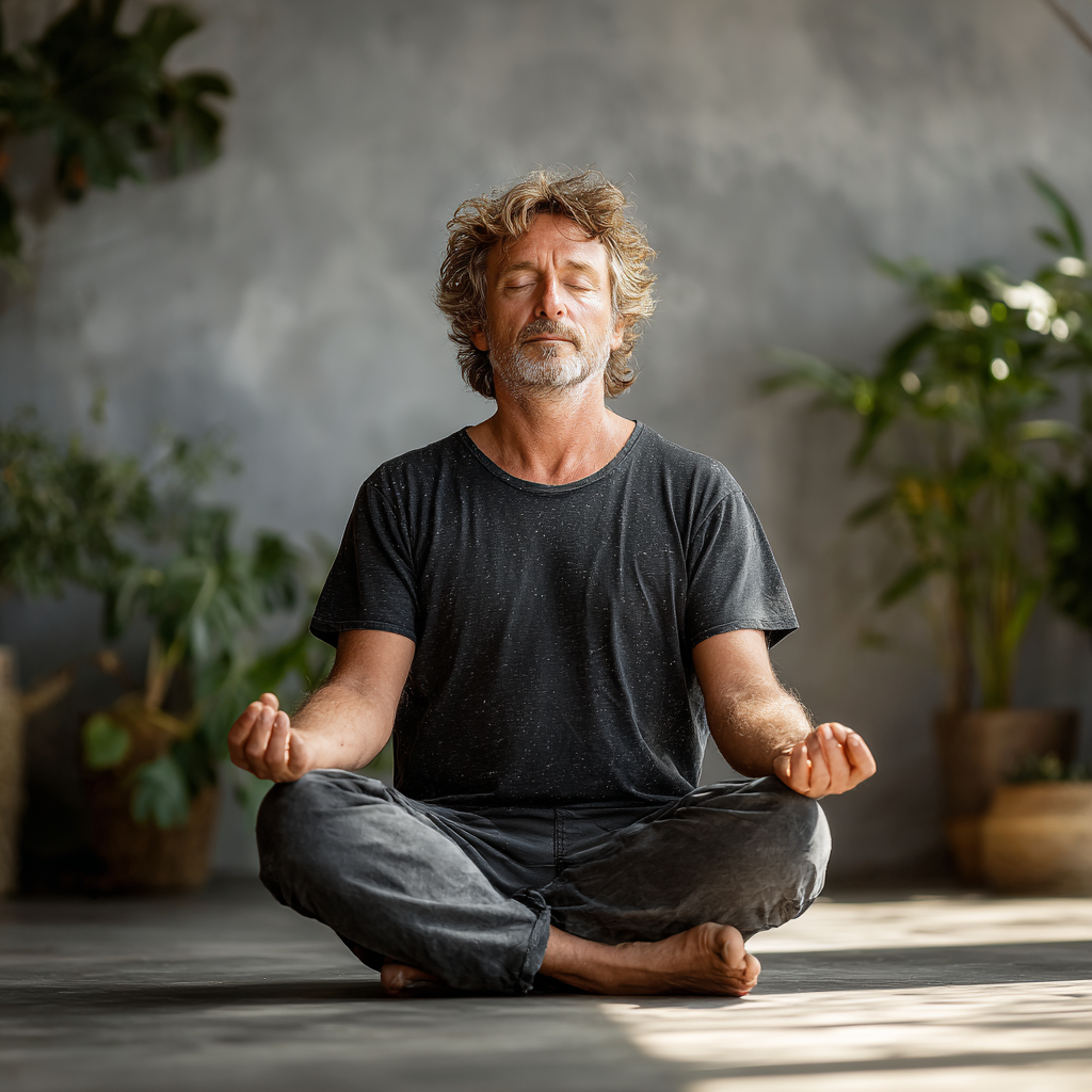 Serene middle-aged man around 50 years old in comfortable yoga attire sitting in lotus position during meditation, eyes closed with peaceful expression, natural lighting in minimalist indoor space with plants
